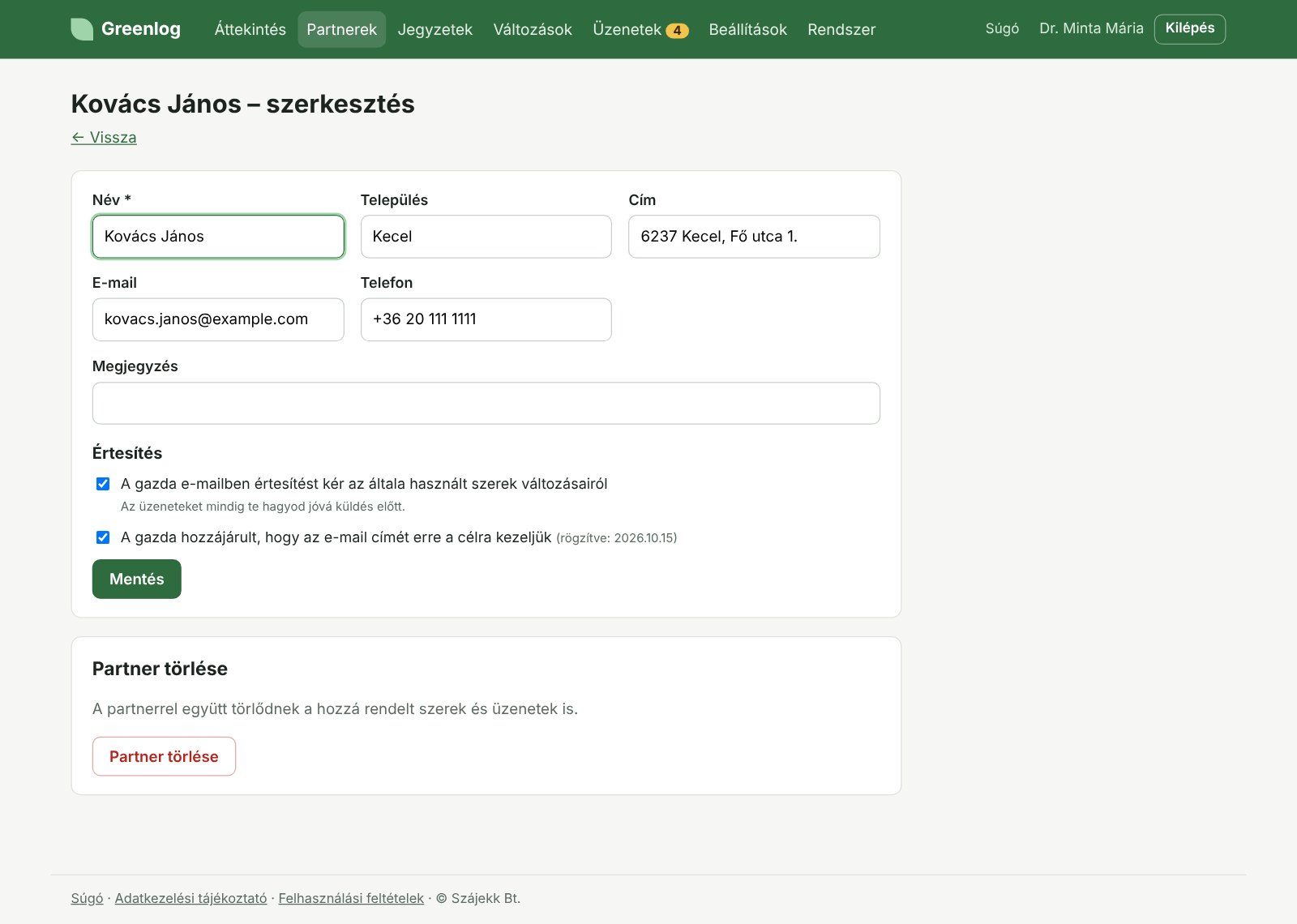 Partner adatai és az értesítés beállítása