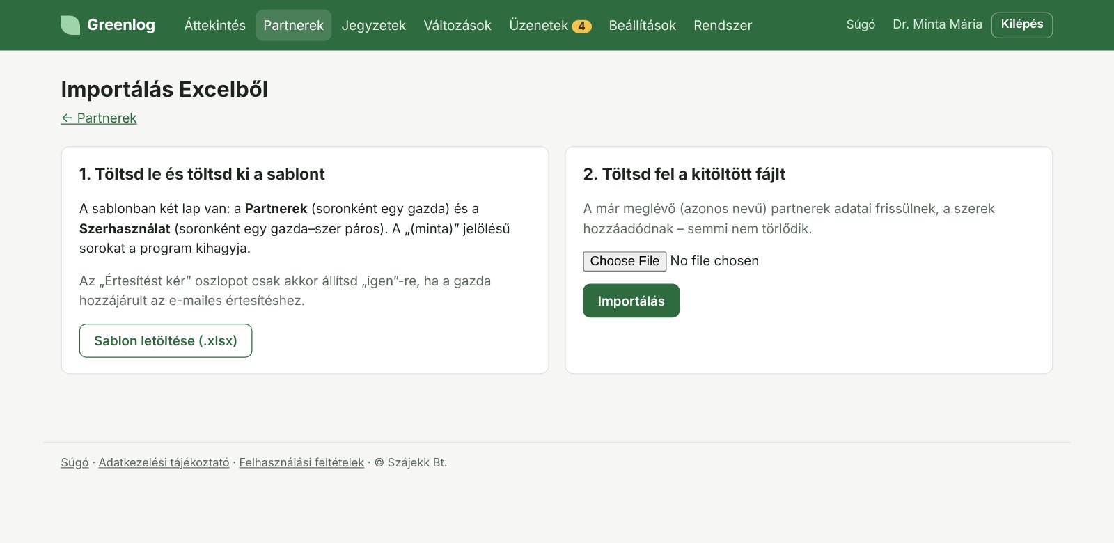 Importálás Excelből: sablon letöltése és a kitöltött fájl feltöltése