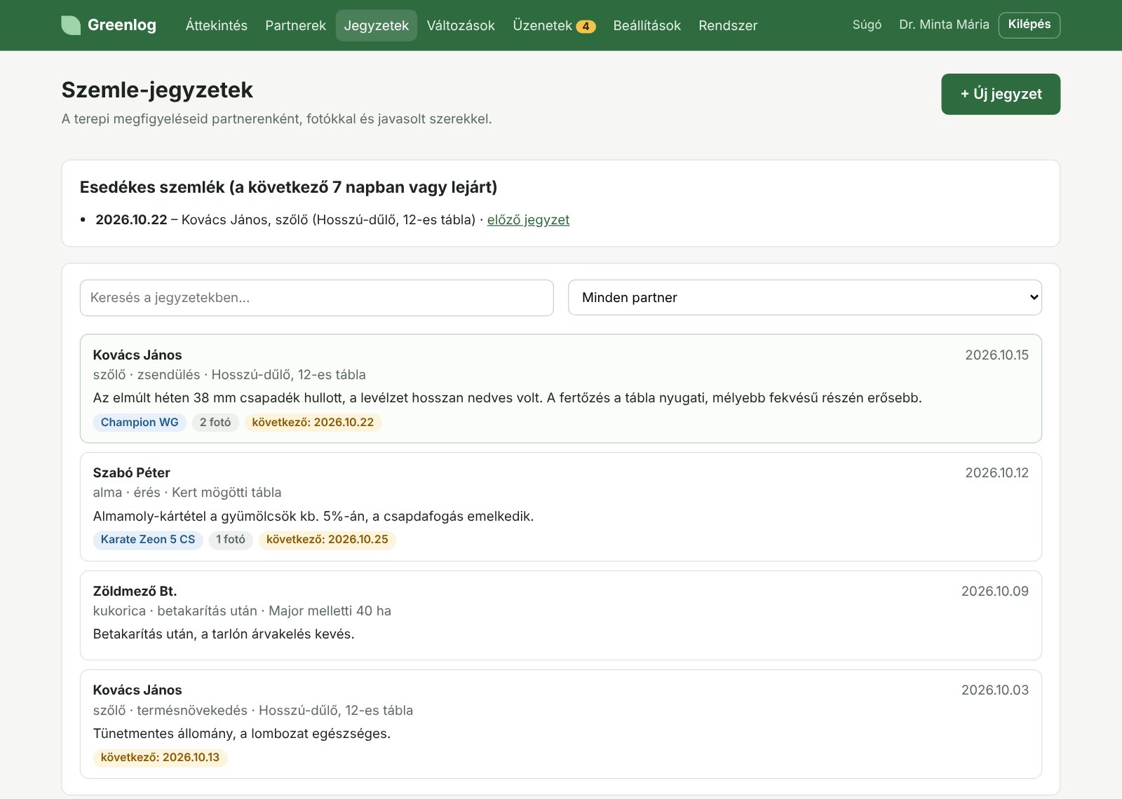A Jegyzetek oldal: esedékes szemlék, keresés, szűrés partnerre
