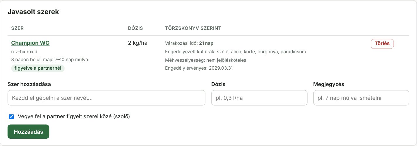 Javasolt szerek a törzskönyvi adatokkal