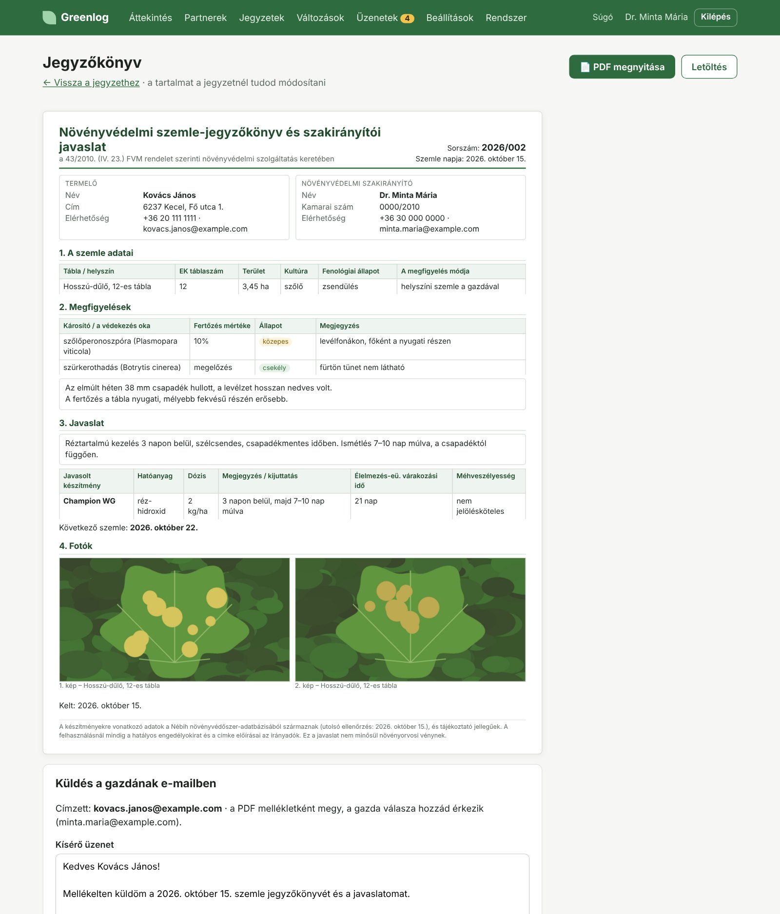 A jegyzőkönyv előnézete, PDF megnyitása, letöltése és küldése